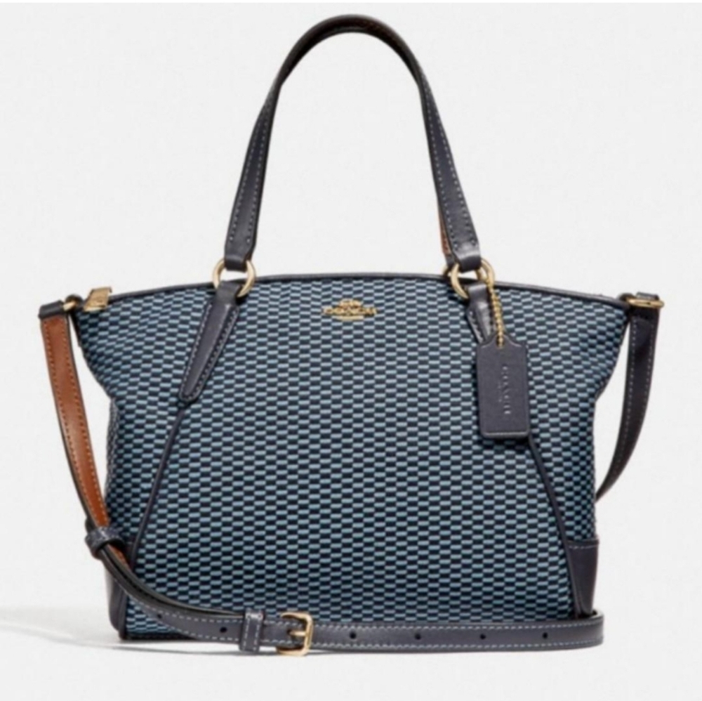 COACH SMALL KELSEY CANVAS SAY HEY CROSSBODY/ HANDBAG BLUE GOLD BROWN